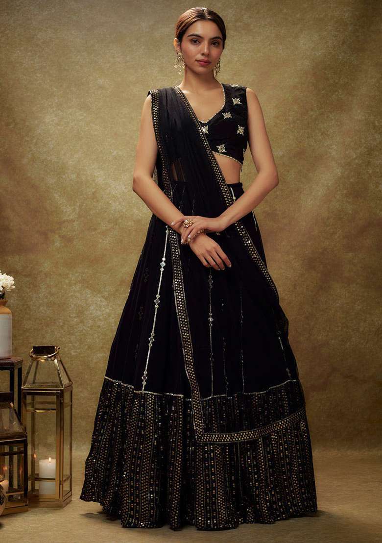 Black Sequence Embroidery Georgette Lehenga Set With Dupatta for Diwali and Festive Wear - Indya