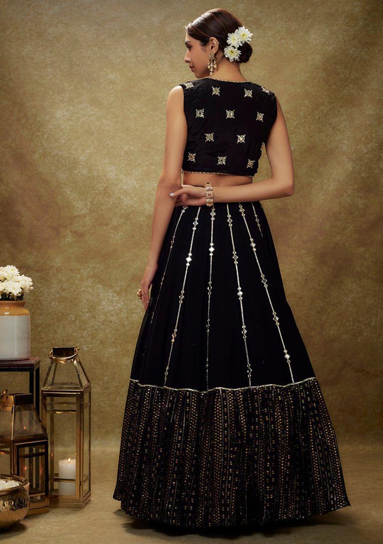 Black Sequence Embroidery Georgette Lehenga Set With Dupatta - Indya