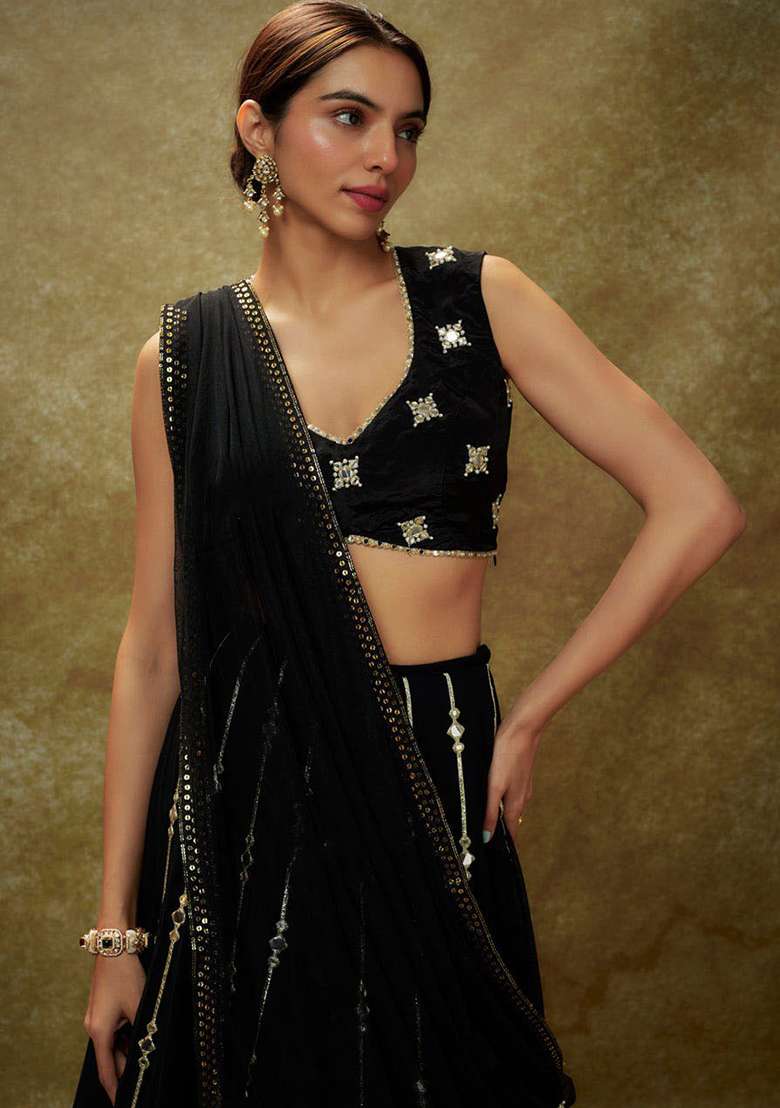 Black Sequence Embroidery Georgette Lehenga Set With Dupatta for Diwali and Festive Wear - Indya