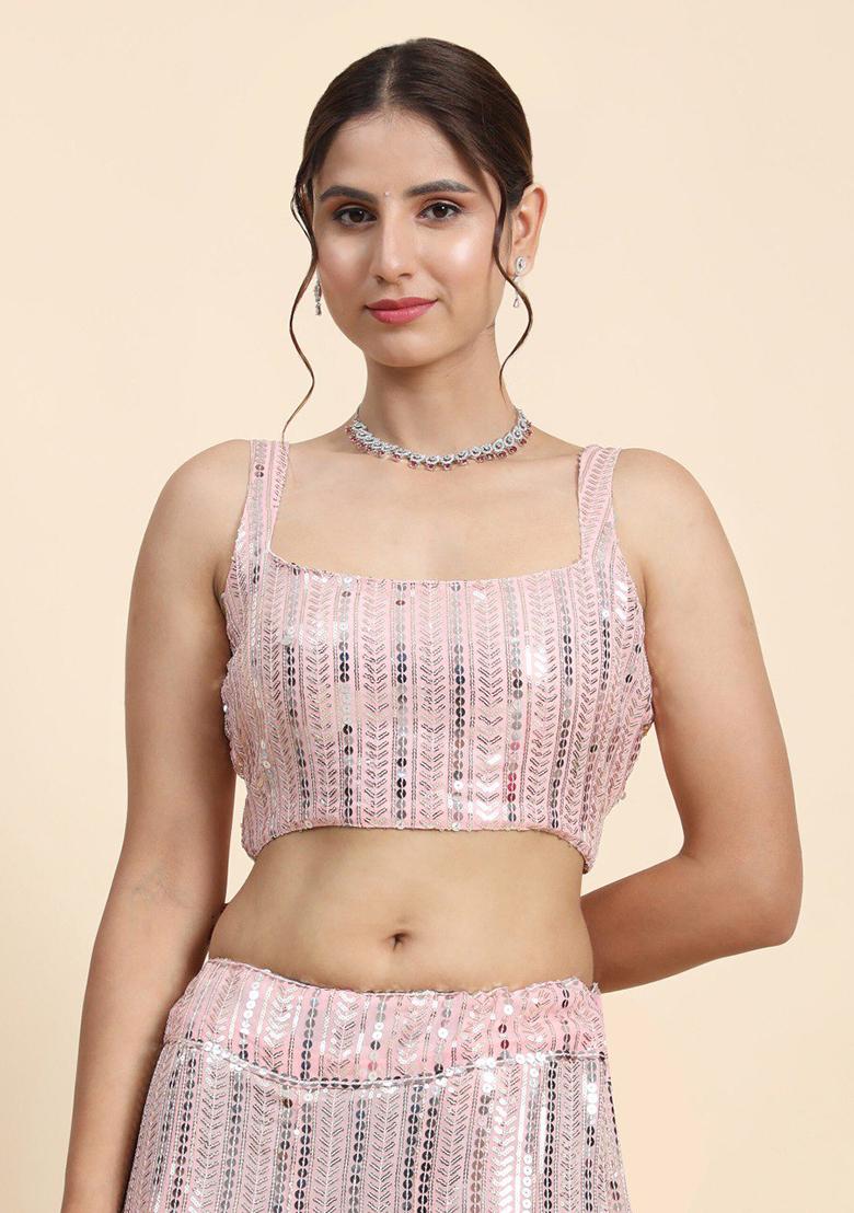 Pink Sequence Embroidery Georgette Lehenga Set With Dupatta - Indya