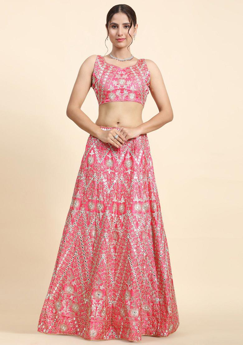 Pink Sequence Embroidery Silk Lehenga Set With Dupatta - Indya