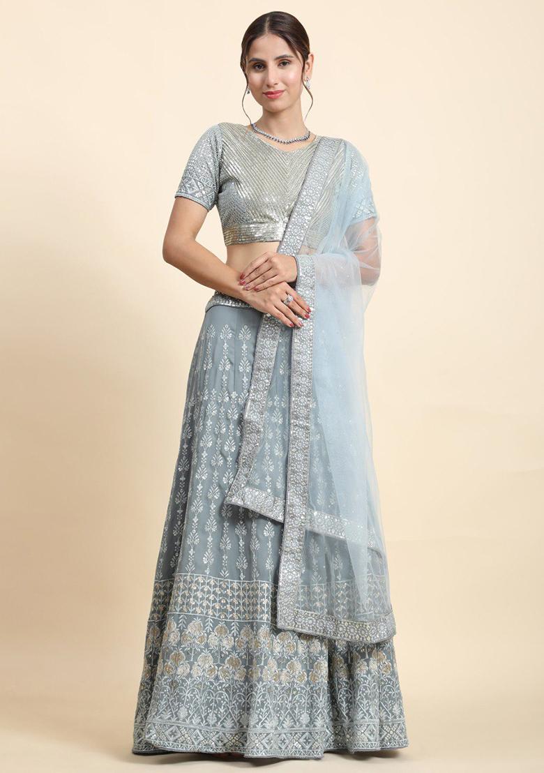 Grey Sequence Embroidery Georgette Lehenga Set With Dupatta - Indya