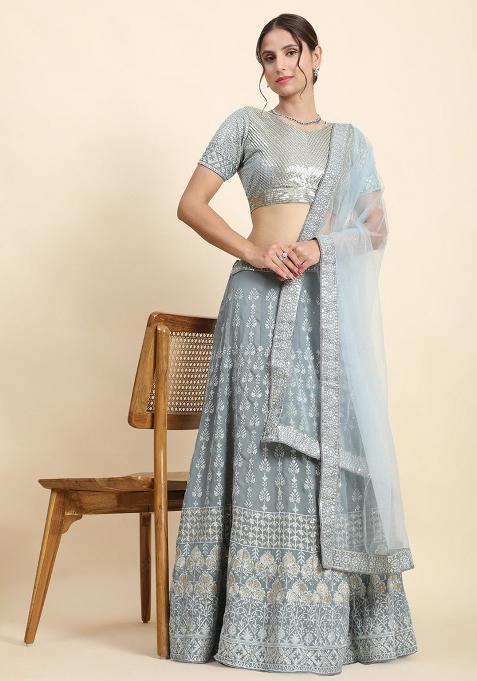 Grey Sequence Embroidery Georgette Lehenga Set With Dupatta