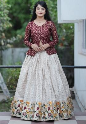 Maroon Embroidered Silk Lehenga Set With Dupatta