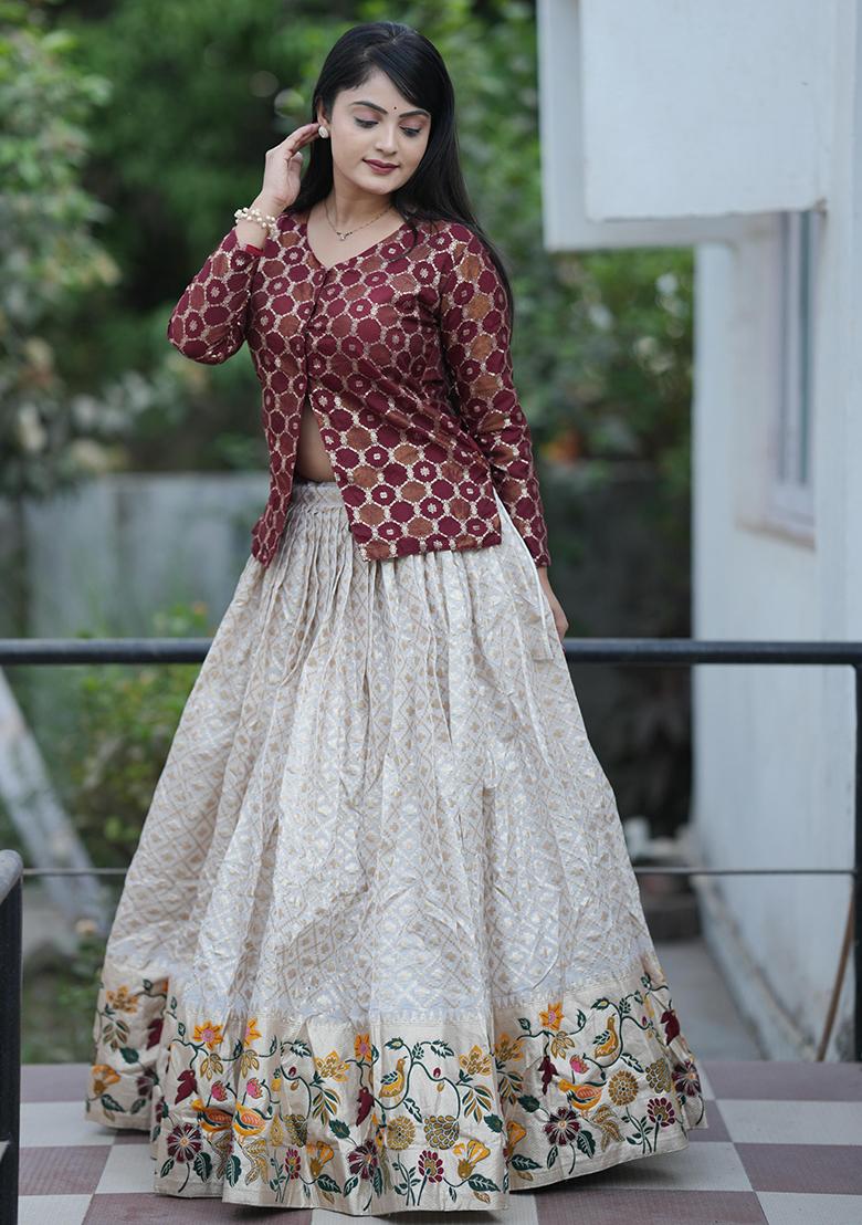 Maroon Embroidered Silk Lehenga Set With Dupatta - Indya