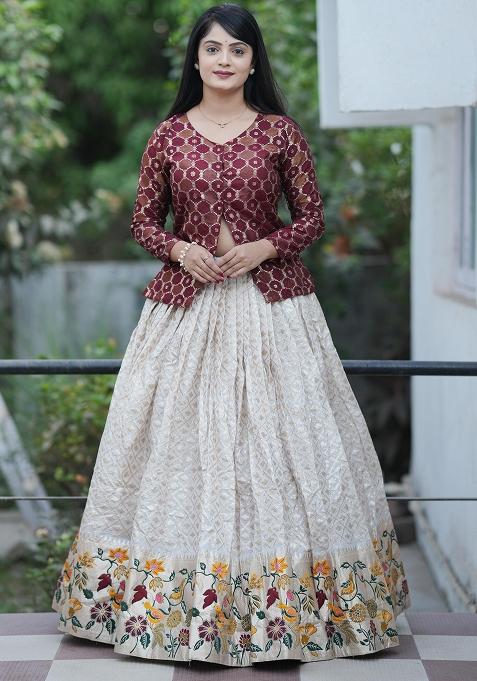 Maroon Embroidered Silk Lehenga Set With Dupatta