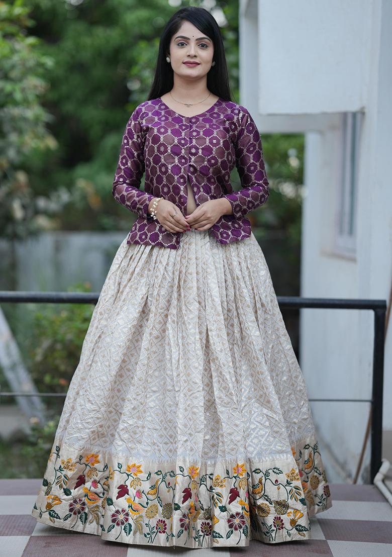 Purple Embroidered Silk Lehenga Set With Dupatta - Indya