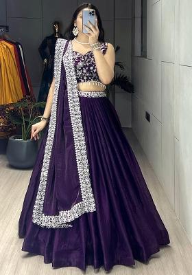 Purple Embroidered Satin Lehenga Set With Dupatta
