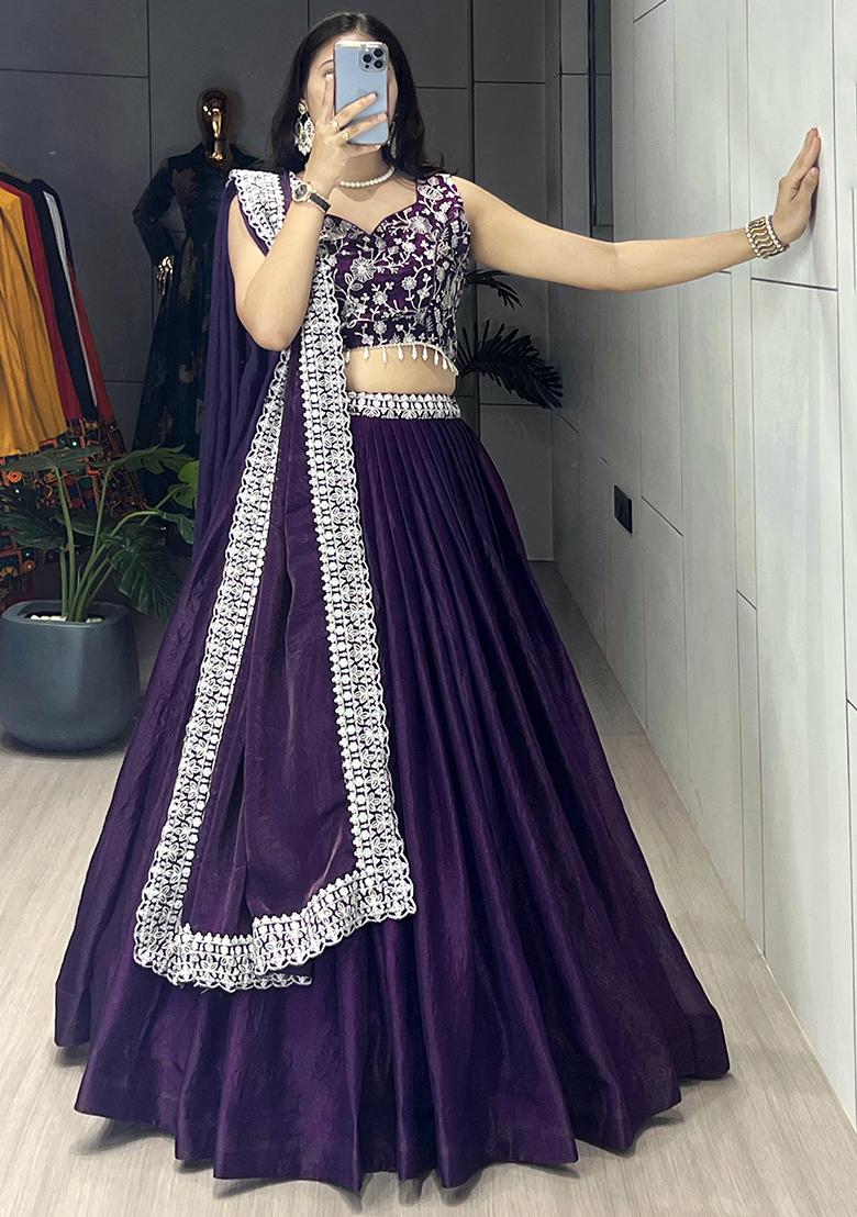 Purple Embroidered Satin Lehenga Set With Dupatta - Indya