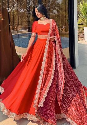 Red Sequence Embroidery Rayon Lehenga Set With Dupatta