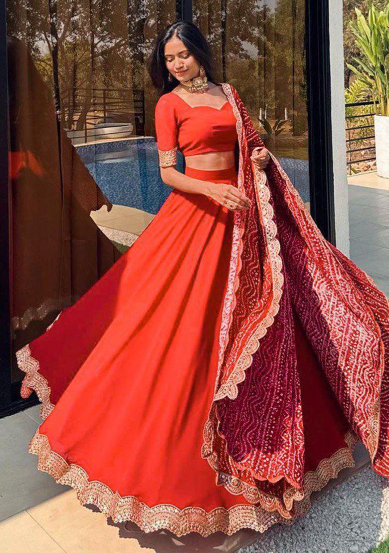 Red Sequence Embroidery Rayon Lehenga Set With Dupatta - Indya