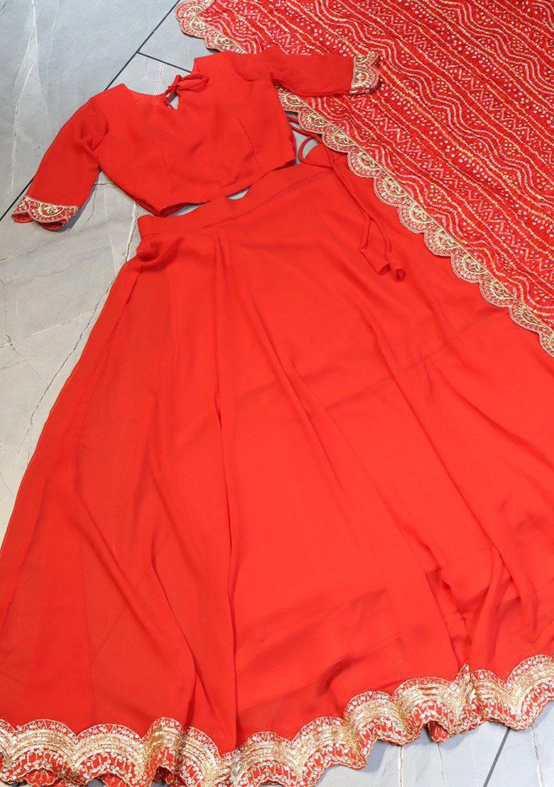 Red Sequence Embroidery Rayon Lehenga Set With Dupatta - Indya