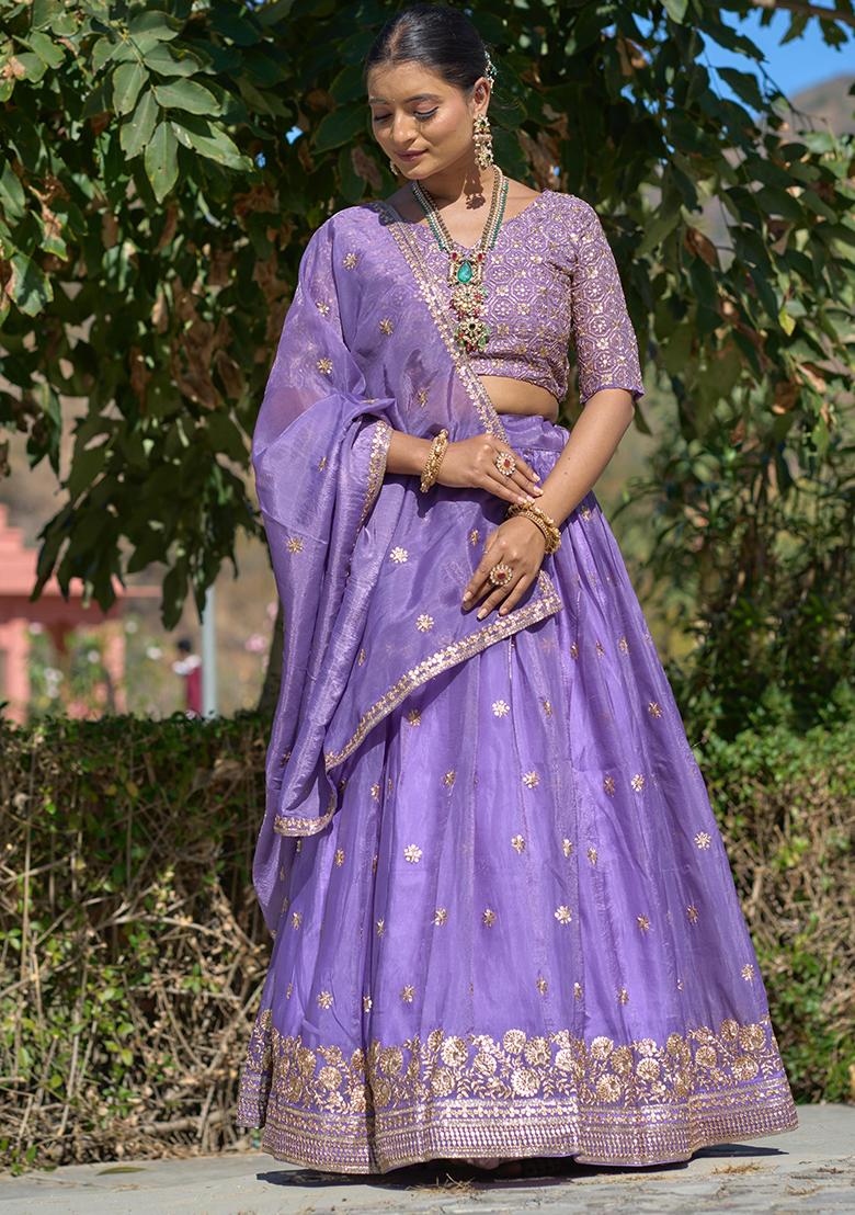 Purple Sequence Embroidery Blended Lehenga Set With Dupatta - Indya