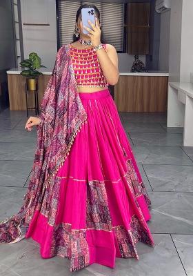 Pink Embroidered Chinon Lehenga Set With Dupatta