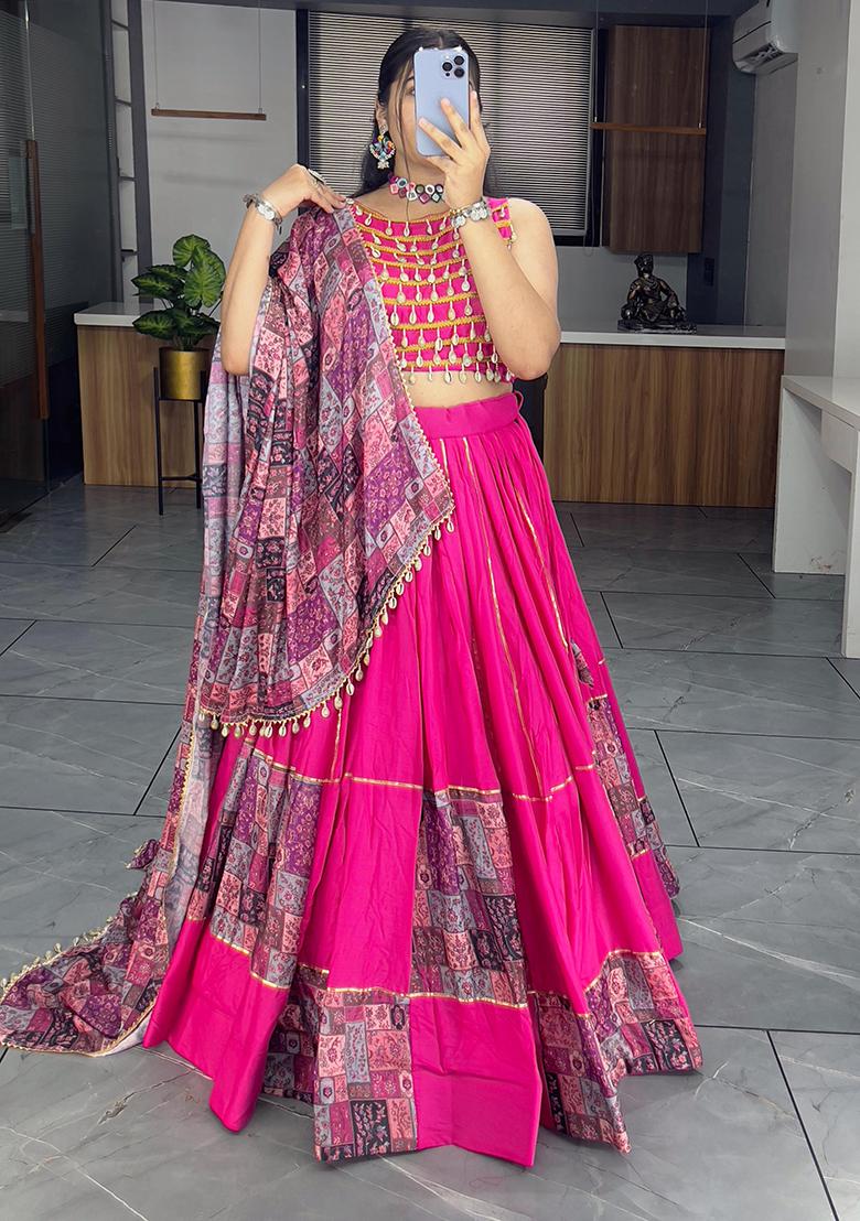 Pink Embroidered Chinon Lehenga Set With Dupatta - Indya