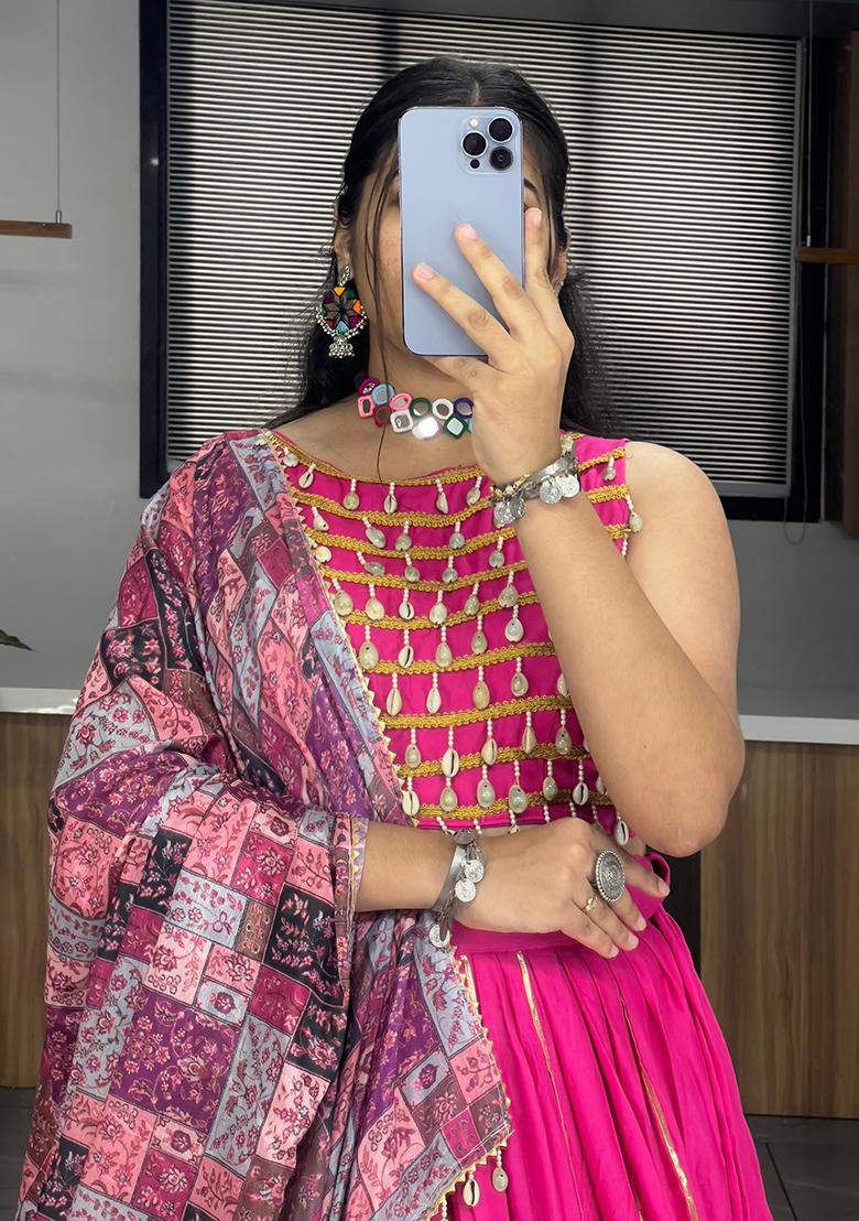 Pink Embroidered Chinon Lehenga Set With Dupatta - Indya
