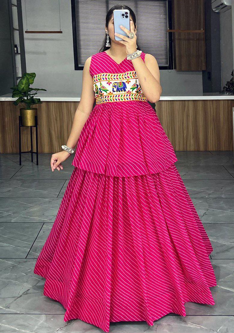 Pink Printed Georgette Lehenga Set With Dupatta - Indya