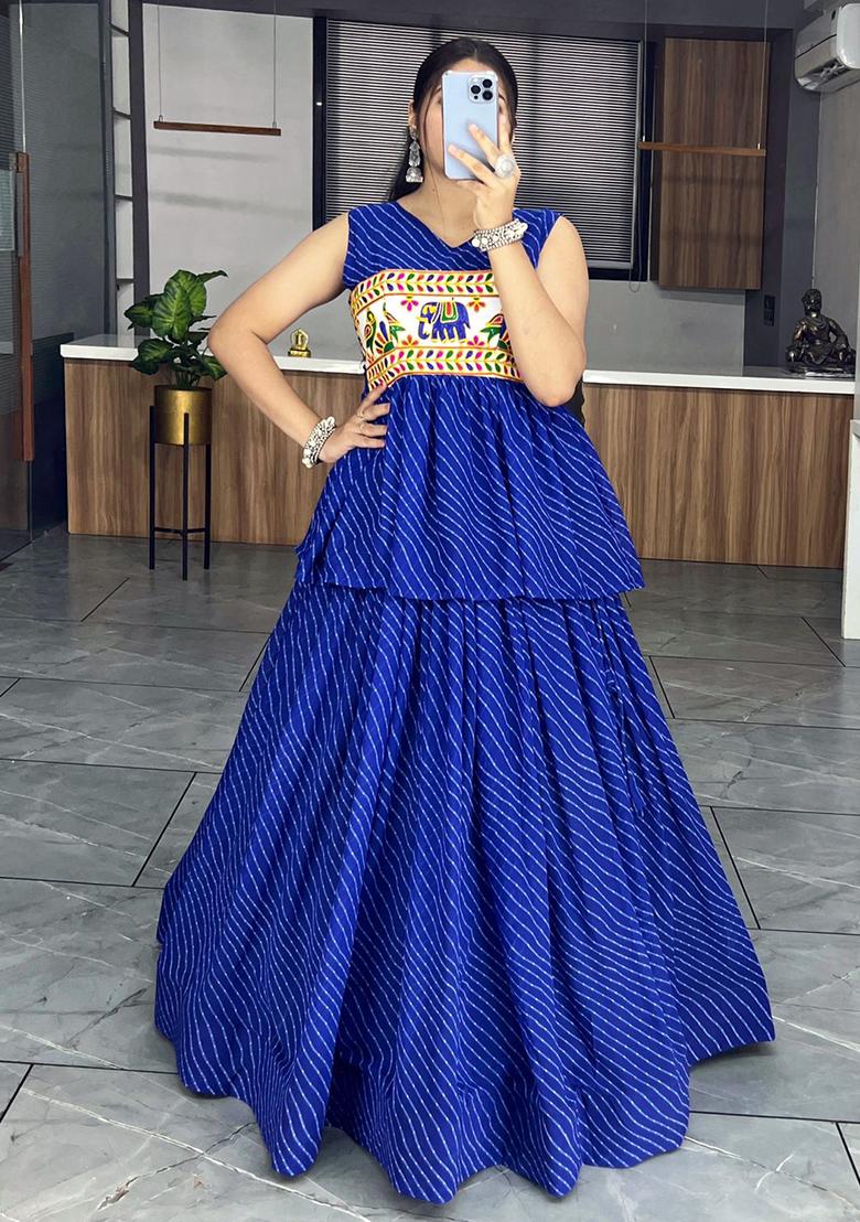 Blue Printed Georgette Lehenga Set With Dupatta - Indya