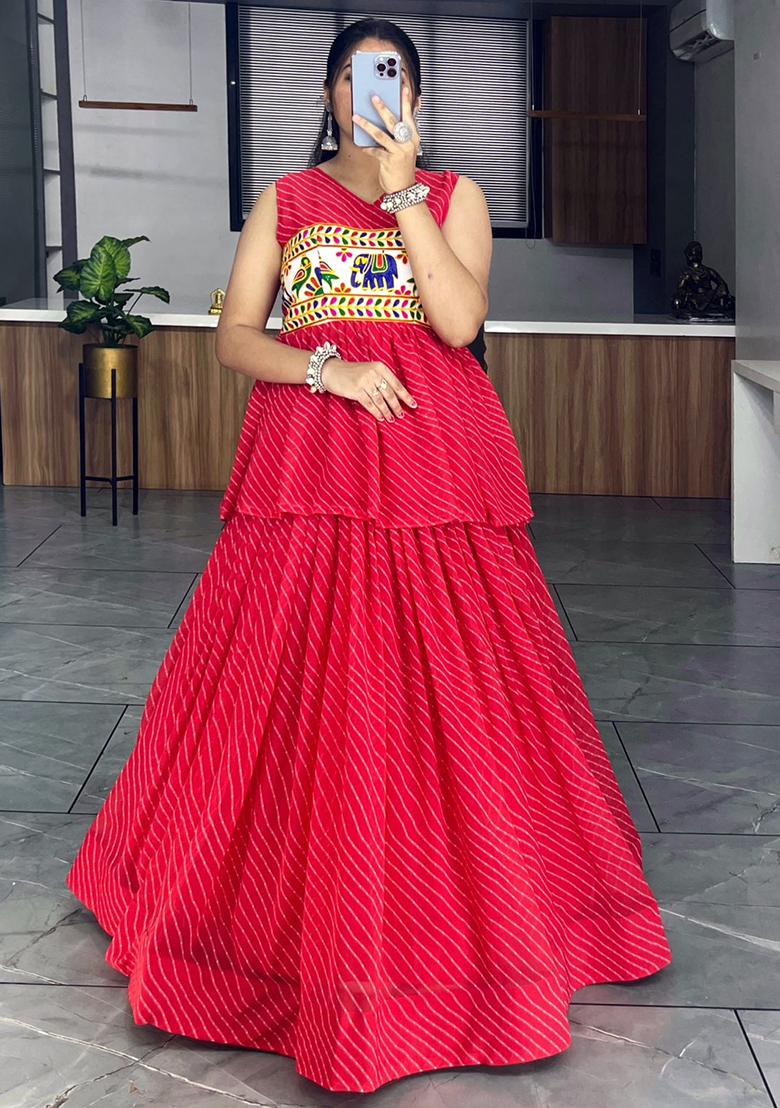 Red Printed Georgette Lehenga Set With Dupatta - Indya