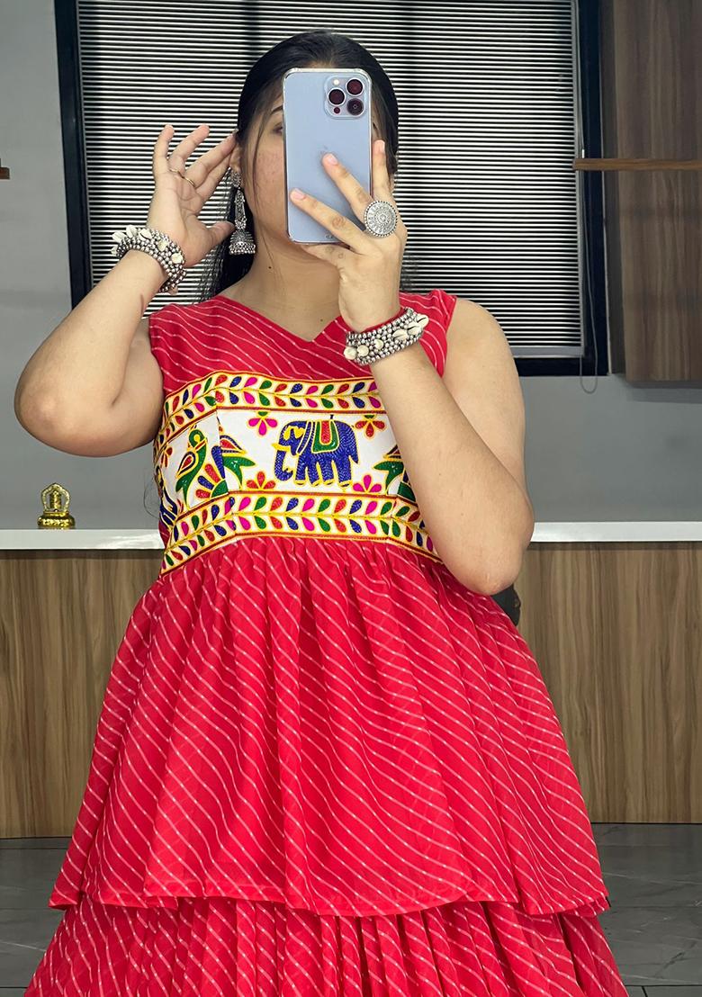 Red Printed Georgette Lehenga Set With Dupatta - Indya