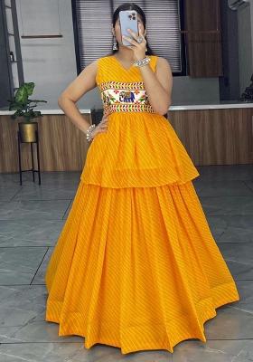 Yellow Printed Georgette Lehenga Set With Dupatta