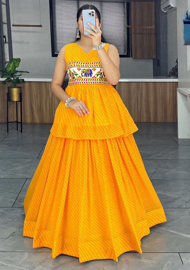 Yellow Printed Georgette Lehenga Set With Dupatta - Indya
