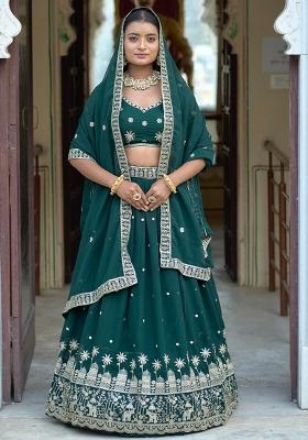 Green Sequence Embroidery Georgette Lehenga Set With Dupatta