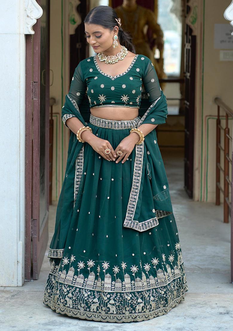 Green Sequence Embroidery Georgette Lehenga Set With Dupatta - Indya