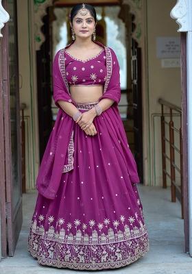 Wine Sequence Embroidery Georgette Lehenga Set With Dupatta