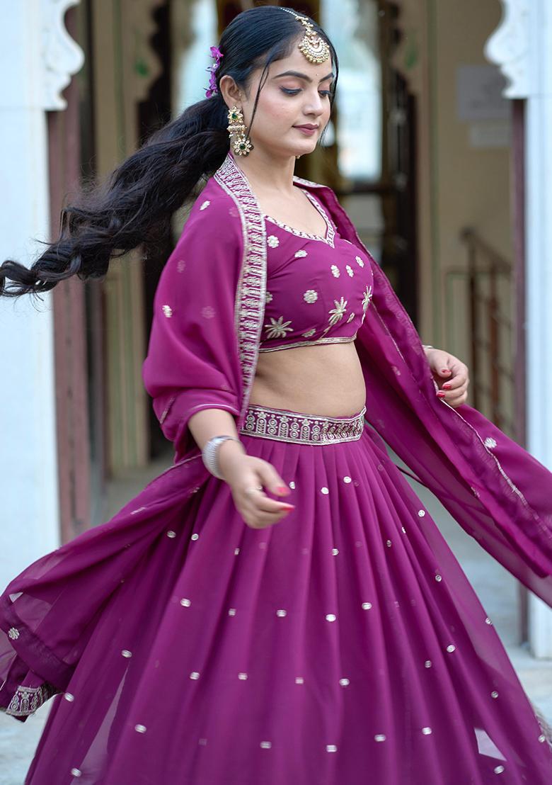 Wine Sequence Embroidery Georgette Lehenga Set With Dupatta - Indya
