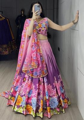 Purple Printed Chinon Lehenga Set With Dupatta