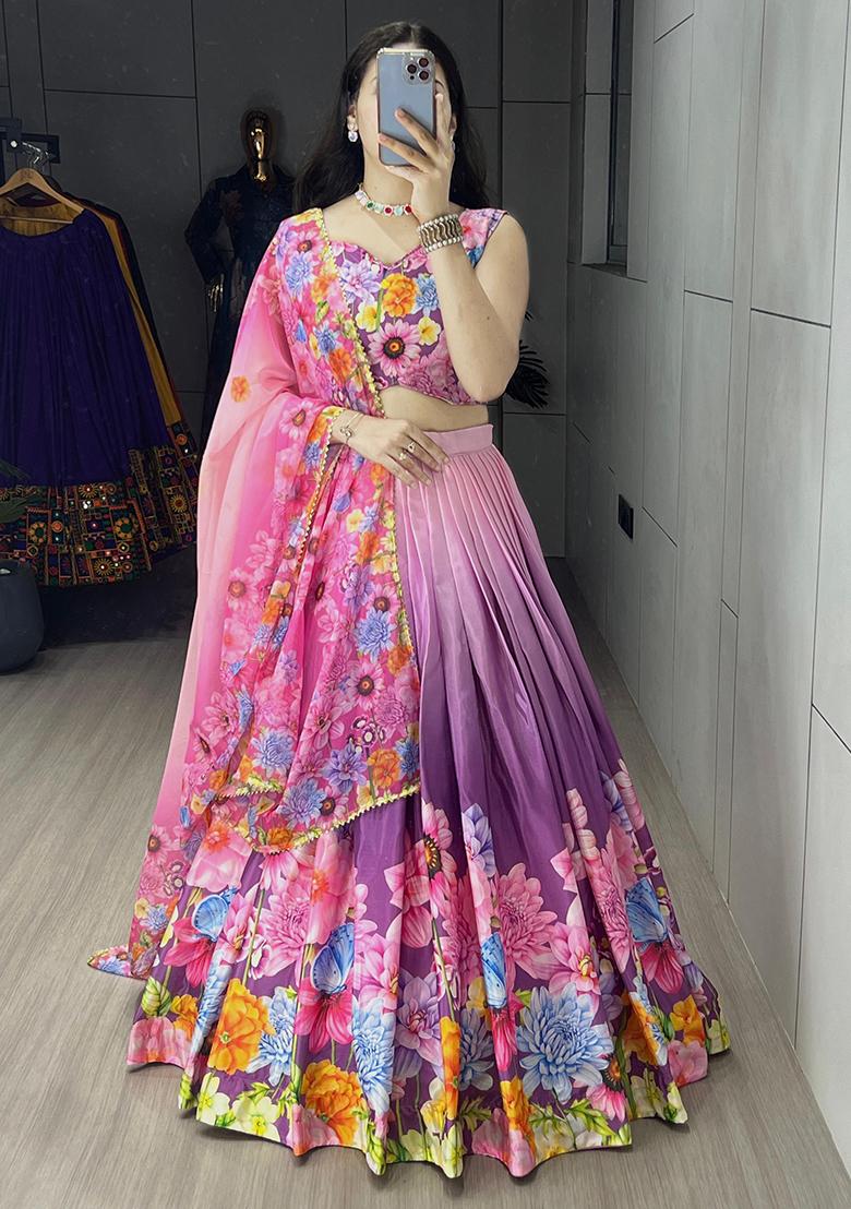 Purple Printed Chinon Lehenga Set With Dupatta - Indya