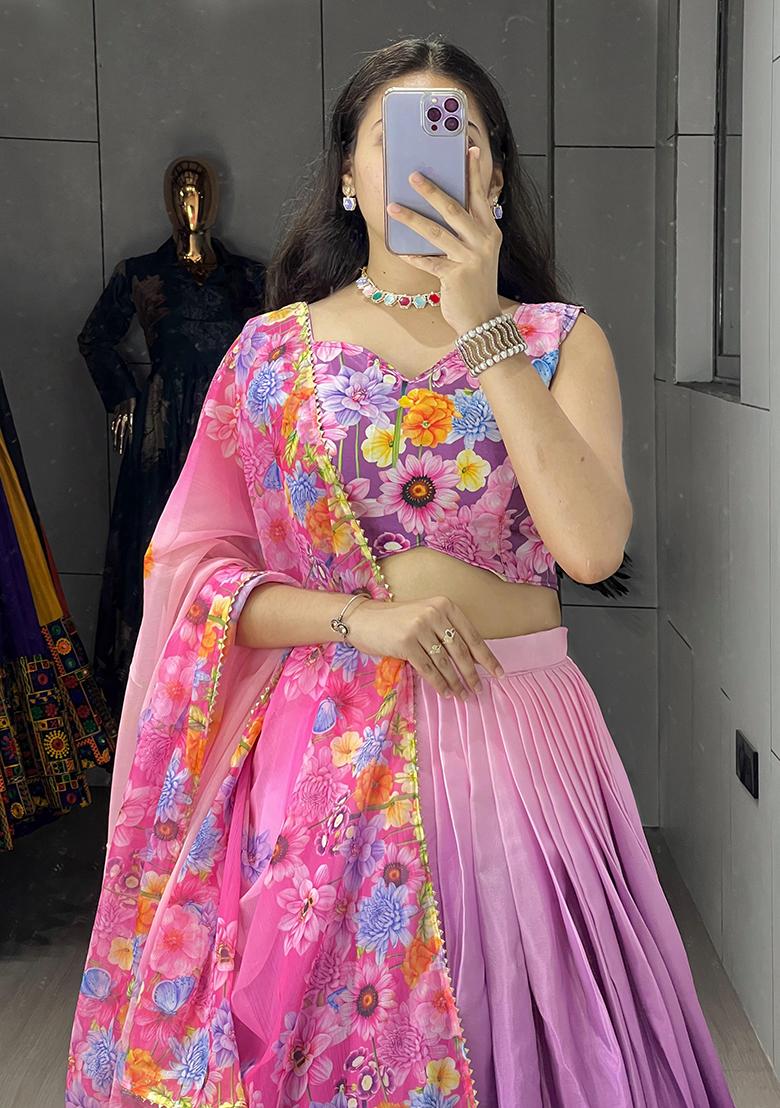 Purple Printed Chinon Lehenga Set With Dupatta - Indya
