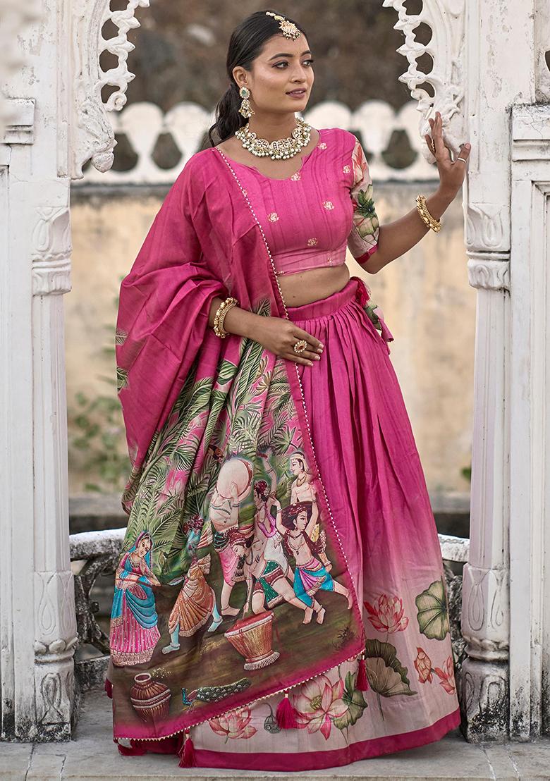 Pink Printed Silk Lehenga Set With Dupatta - Indya