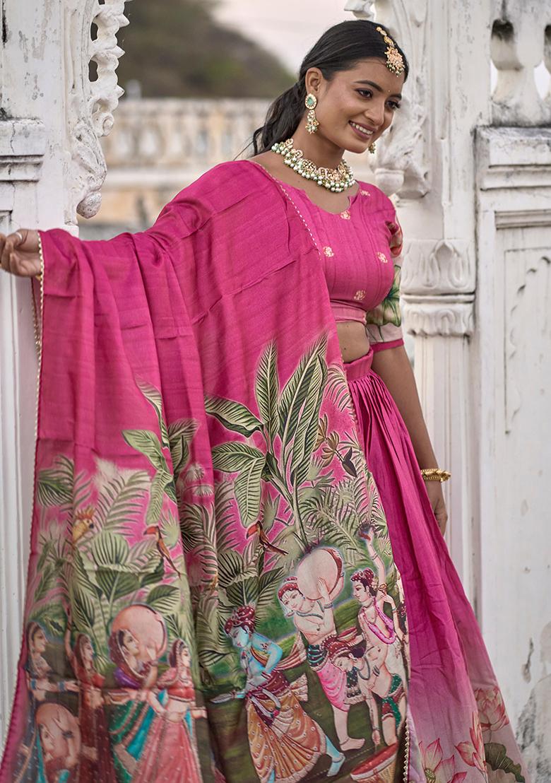 Pink Printed Silk Lehenga Set With Dupatta - Indya