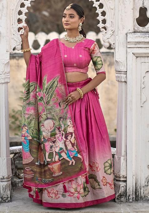 Pink Printed Silk Lehenga Set With Dupatta