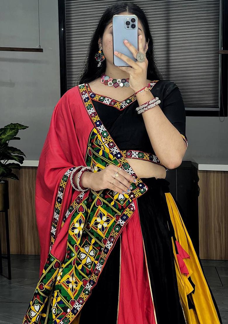 Multi Color Embroidered Rayon Lehenga Set With Dupatta - Indya