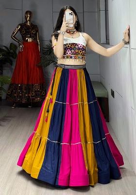 Multi Color Embroidered Rayon Lehenga Set With Dupatta