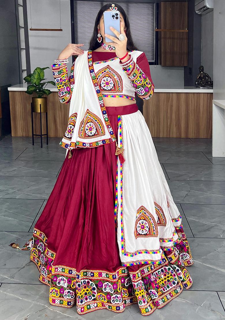 White Embroidered Rayon Lehenga Set With Dupatta - Indya