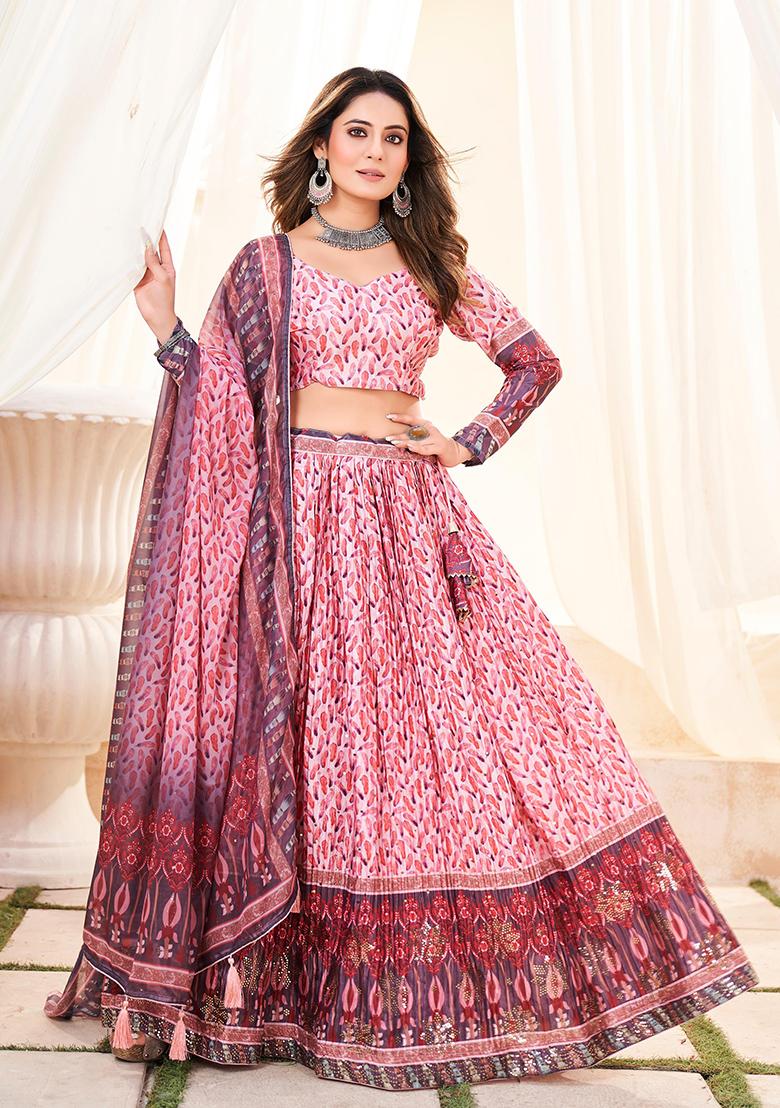 Pink Printed Chinon Lehenga Set With Dupatta - Indya
