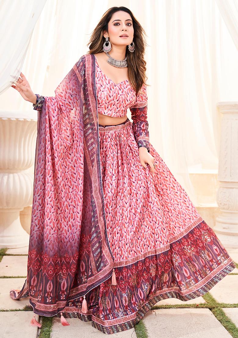 Pink Printed Chinon Lehenga Set With Dupatta - Indya