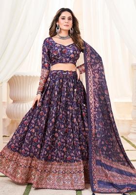 Blue Printed Chinon Lehenga Set With Dupatta