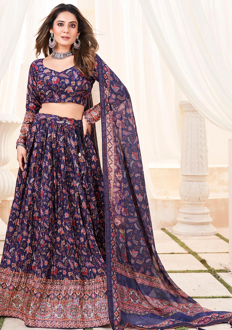 Blue Printed Chinon Lehenga Set With Dupatta - Indya