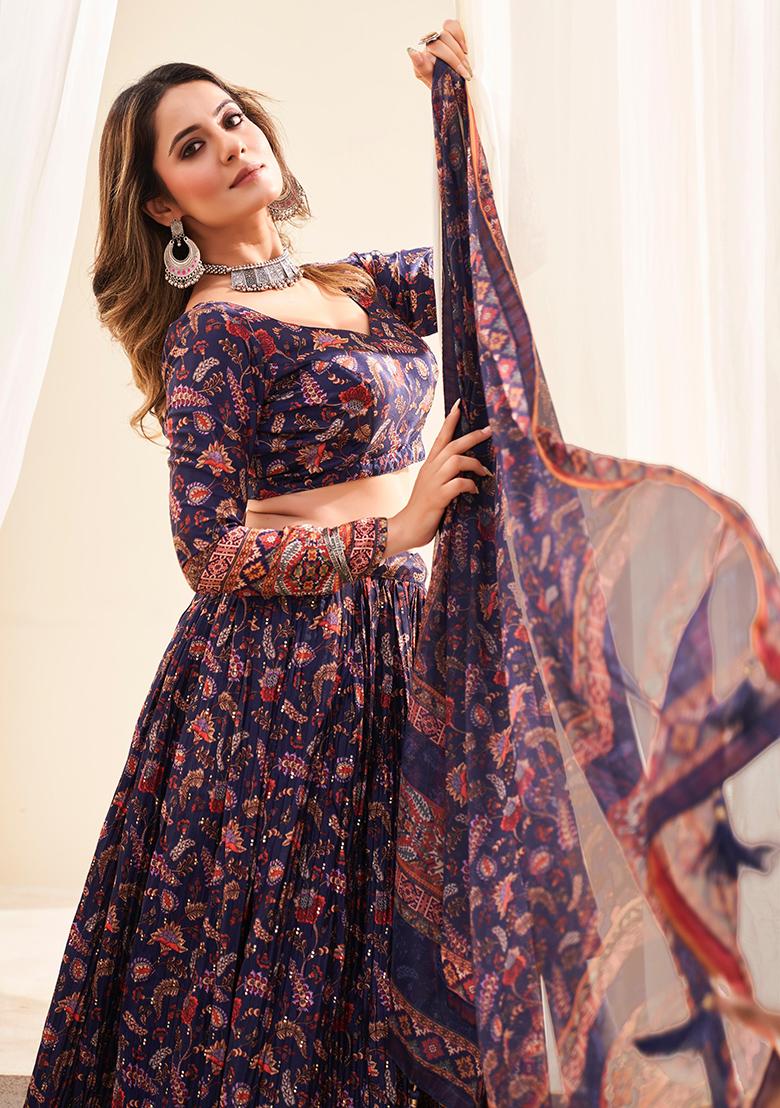 Blue Printed Chinon Lehenga Set With Dupatta - Indya