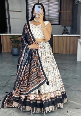 White Printed Chinon Lehenga Set With Dupatta