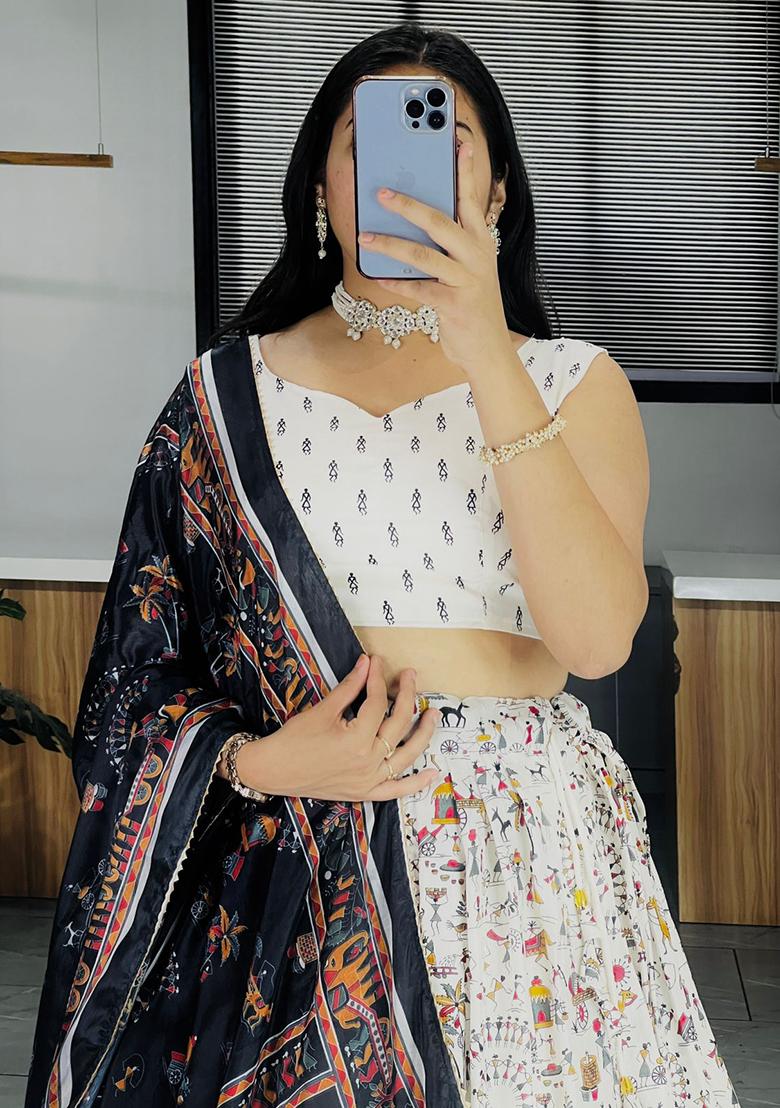 White Printed Chinon Lehenga Set With Dupatta - Indya