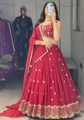 Pink Sequence Embroidery Georgette Lehenga Set With Dupatta