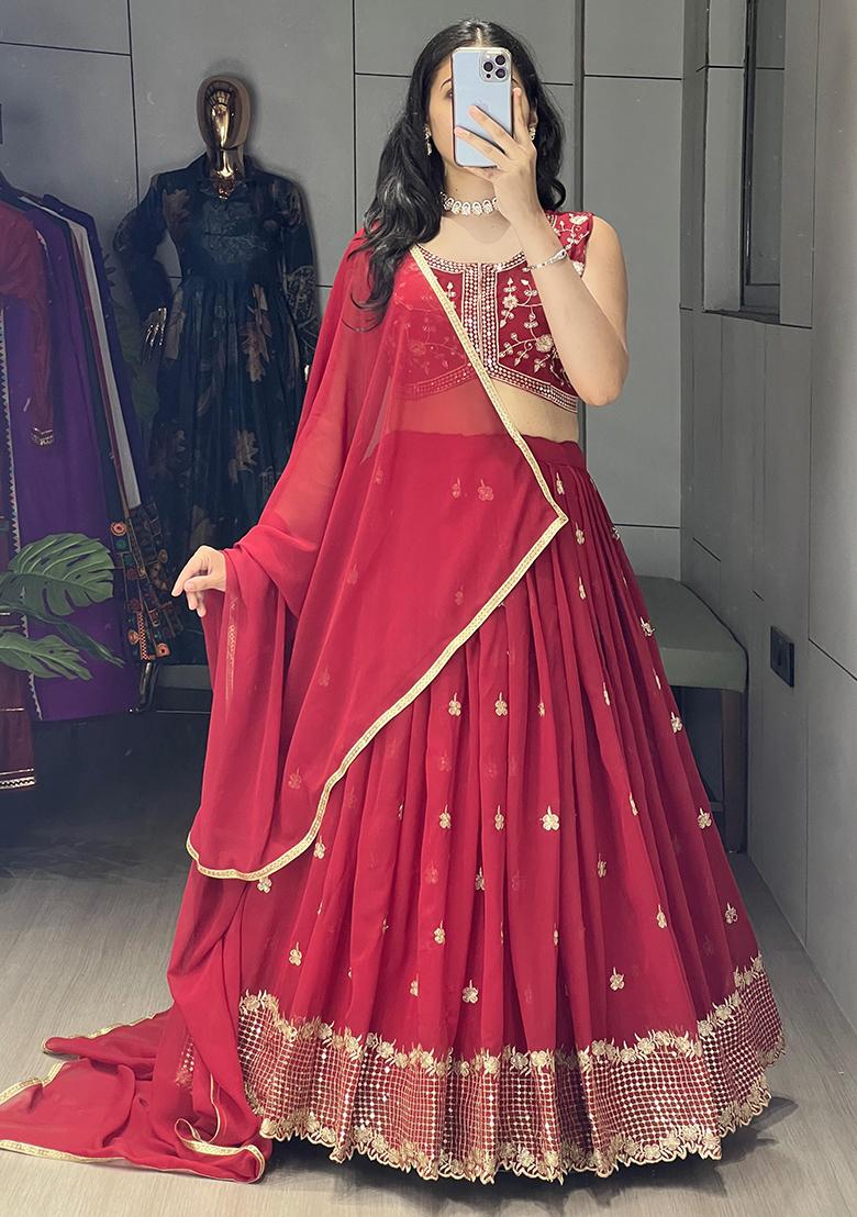 Pink Sequence Embroidery Georgette Lehenga Set With Dupatta - Indya