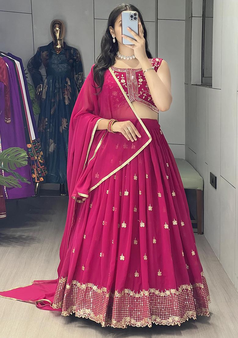 Maroon Sequence Embroidery Georgette Lehenga Set With Dupatta - Indya