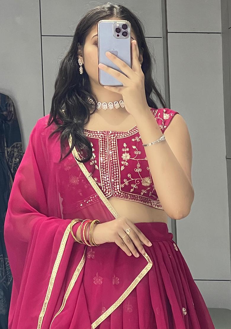 Maroon Sequence Embroidery Georgette Lehenga Set With Dupatta - Indya